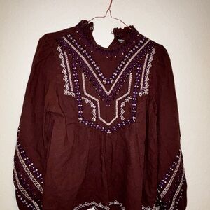 Zara Deep Burgundy Long Sleeve Embellished Blouse with Mandarin Collar